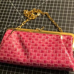 Pink Woven Clutch with Gold Chain